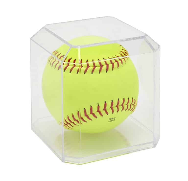 Stackable softball display case with beveled edges.