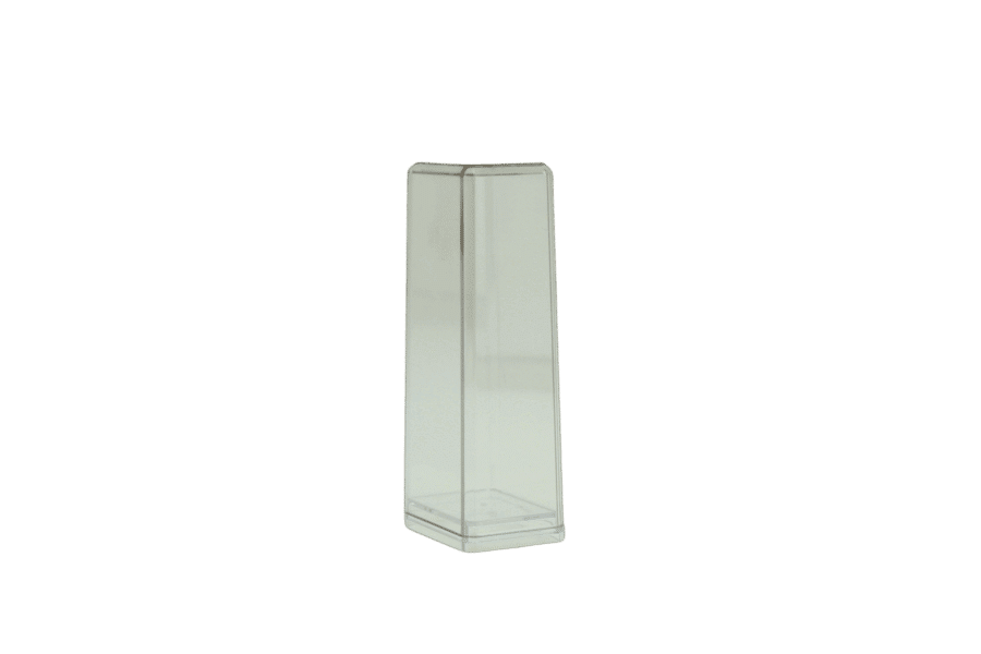 Clear plastic container for organizing and displaying various items securely.