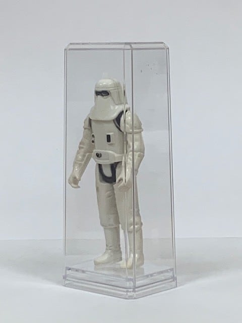 Action figure in protective case, perfect for collectors and Star Wars enthusiasts.