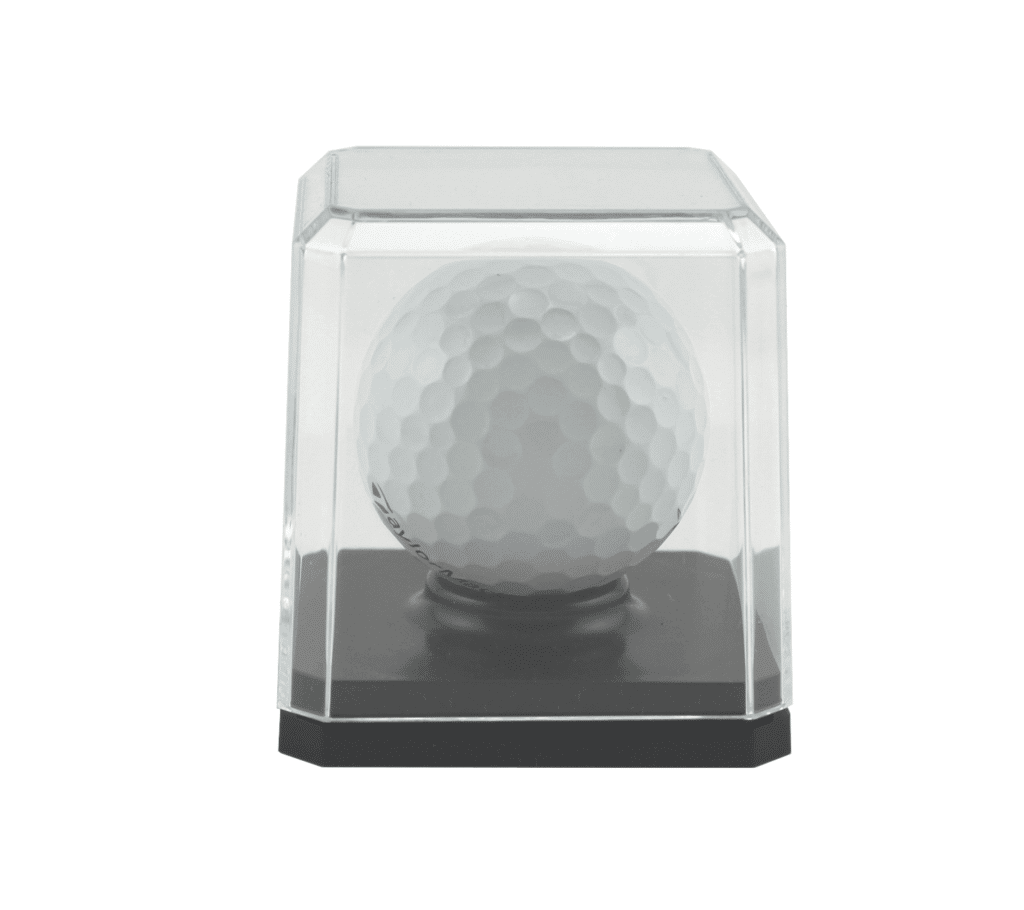 Golf ball display case, showcasing a premium golf ball for enthusiasts and collectors.