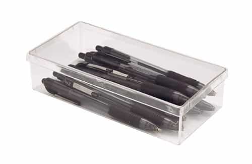 Clear storage box filled with black pens for organization and office supplies.