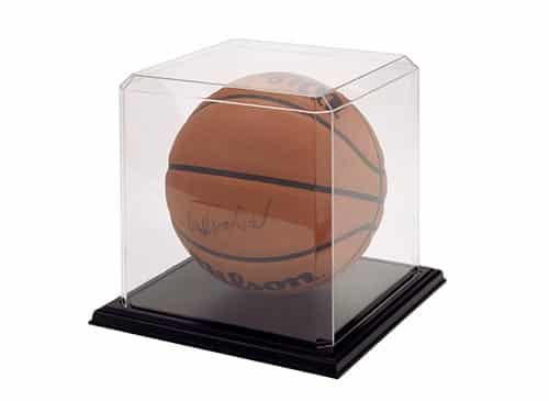 Signed basketball display case showcasing a collectible sports item for fans.