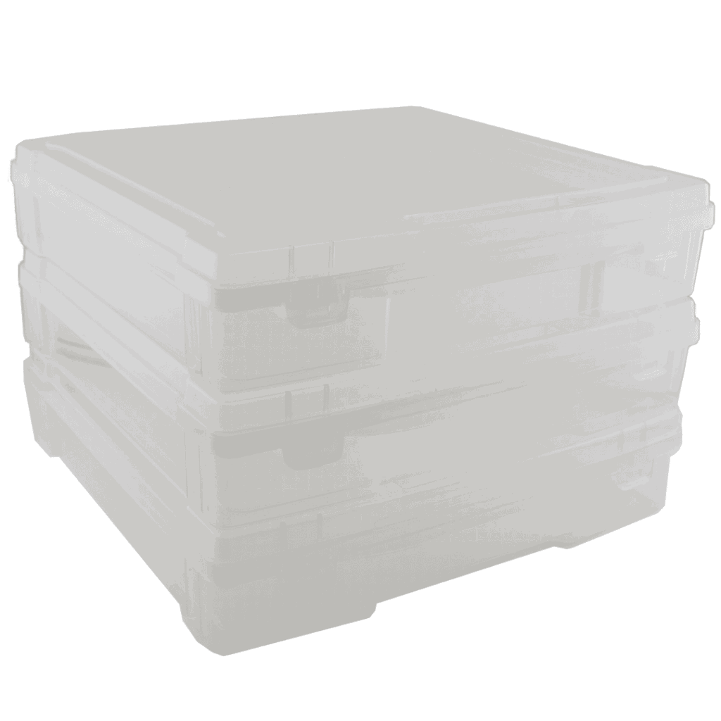 Stacked transparent storage boxes on a white background for organized space solutions.