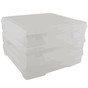 Stacked transparent storage boxes on a white background for organized space solutions.