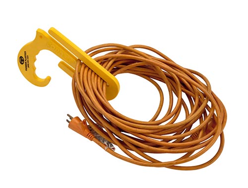 Yellow cord organizer with extension cord, perfect for keeping cables tidy and manageable.
