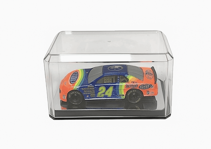 Diecast car display case for showcasing collectible model cars securely and attractively.