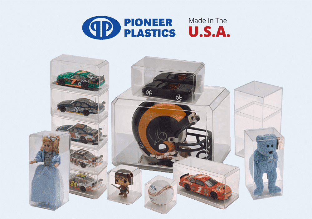 Display boxes for collectibles by Pioneer Plastics showcasing various memorabilia and collectibles.