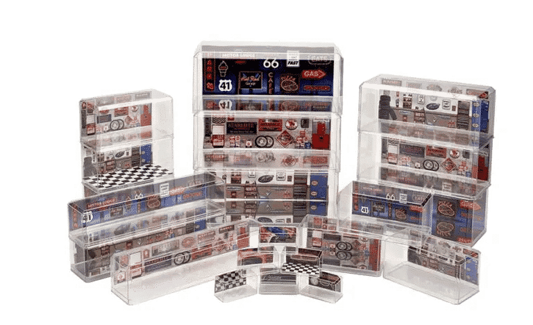 Transparent display cases showcasing vintage automotive collectibles and memorabilia for enthusiasts.