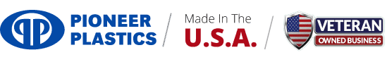 Pioneer Plastics logo highlighting veteran-owned business and U.S. manufacturing.