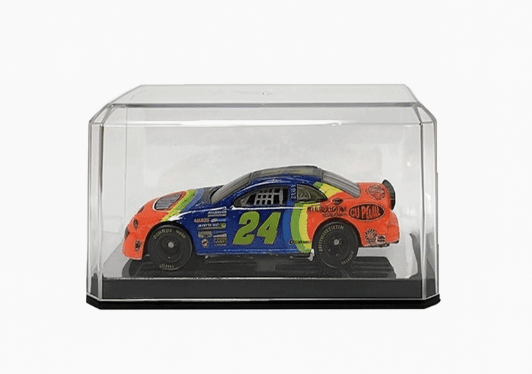 Colorful diecast racecar model 24 displayed in a protective case.
