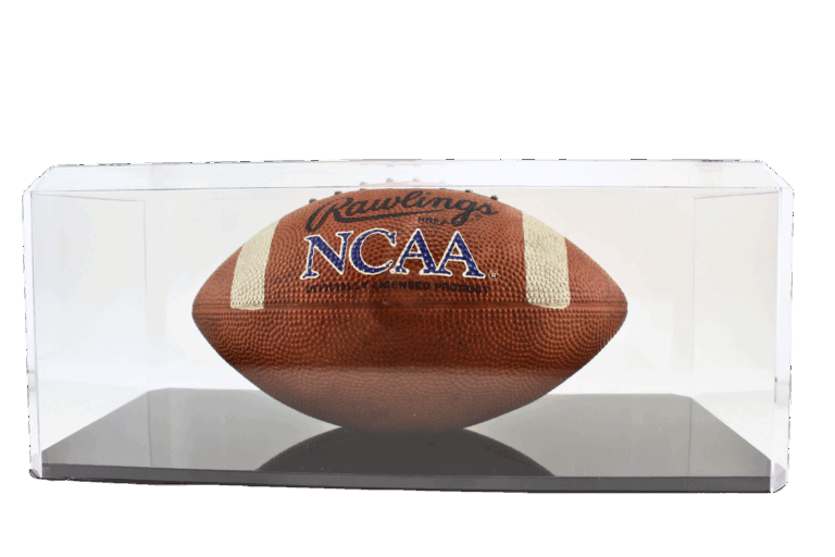 NCAA football in a protective display case for collectors and sports enthusiasts.
