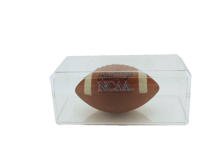 NCAA football in a protective display case for sports memorabilia collectors.