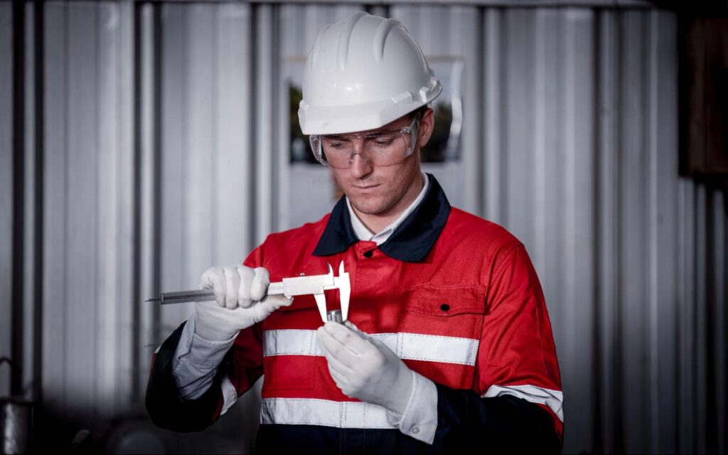 Engineer measuring precision in an industrial work environment using calipers.