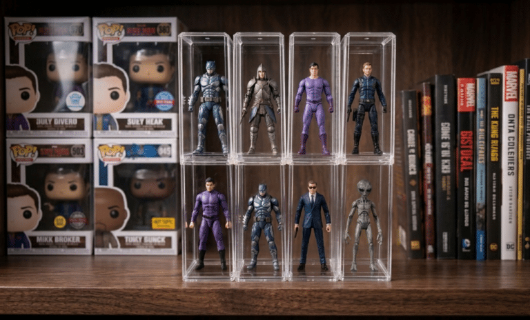 Collectible action figures displayed on a shelf beside boxed figures and books.