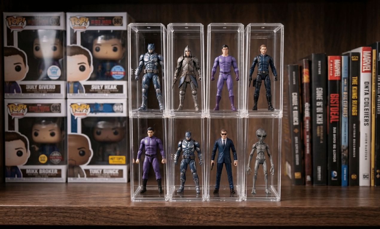 Collectible action figures displayed on a shelf beside boxed figures and books.