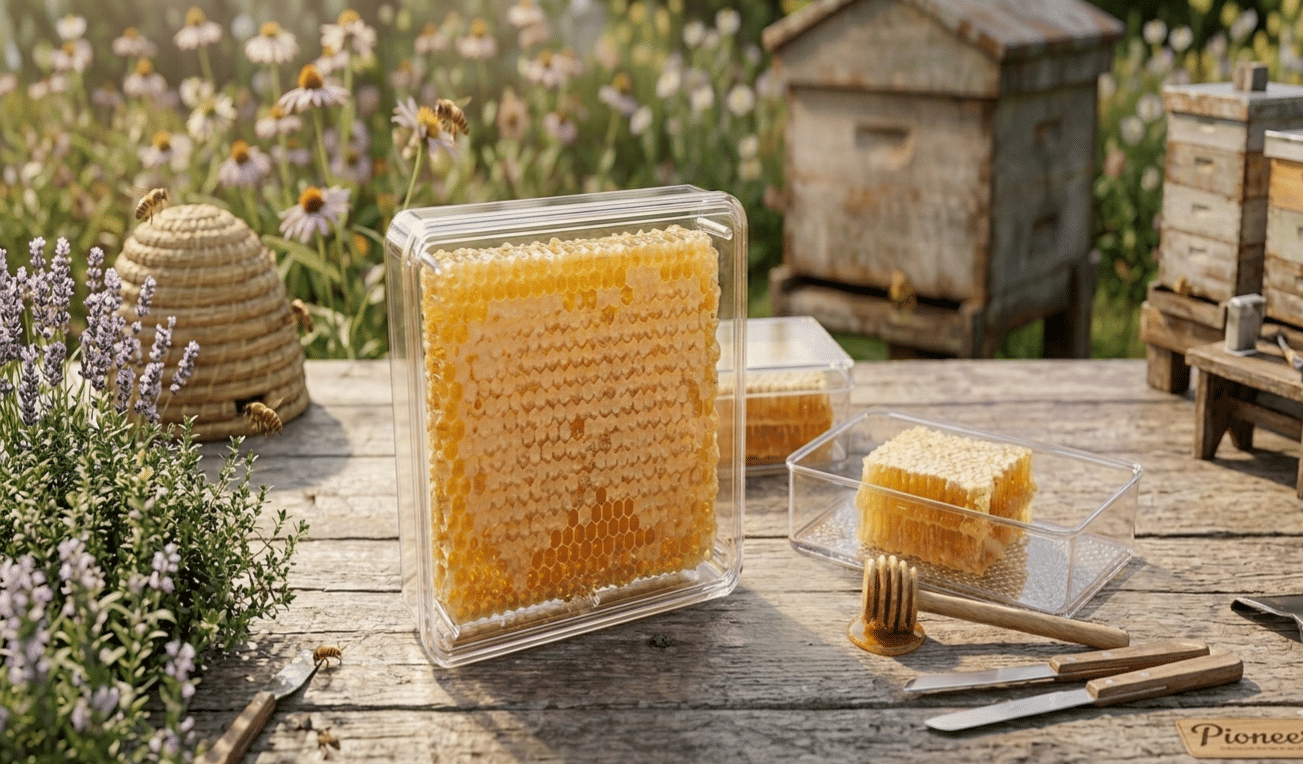 Honeycomb and beeswax on rustic wooden table.