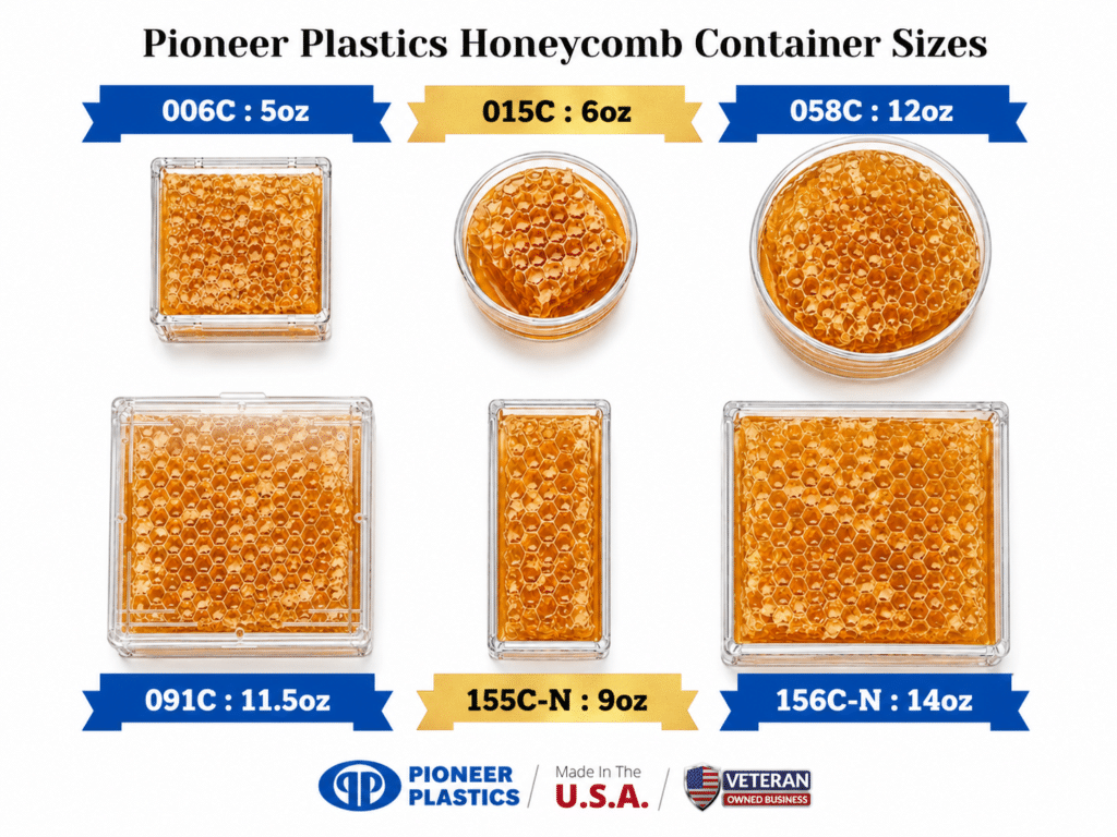 Pioneer Plastics honeycomb container size chart with six orange containers.