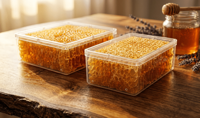 Raw honeycomb in storage containers on a wooden table.