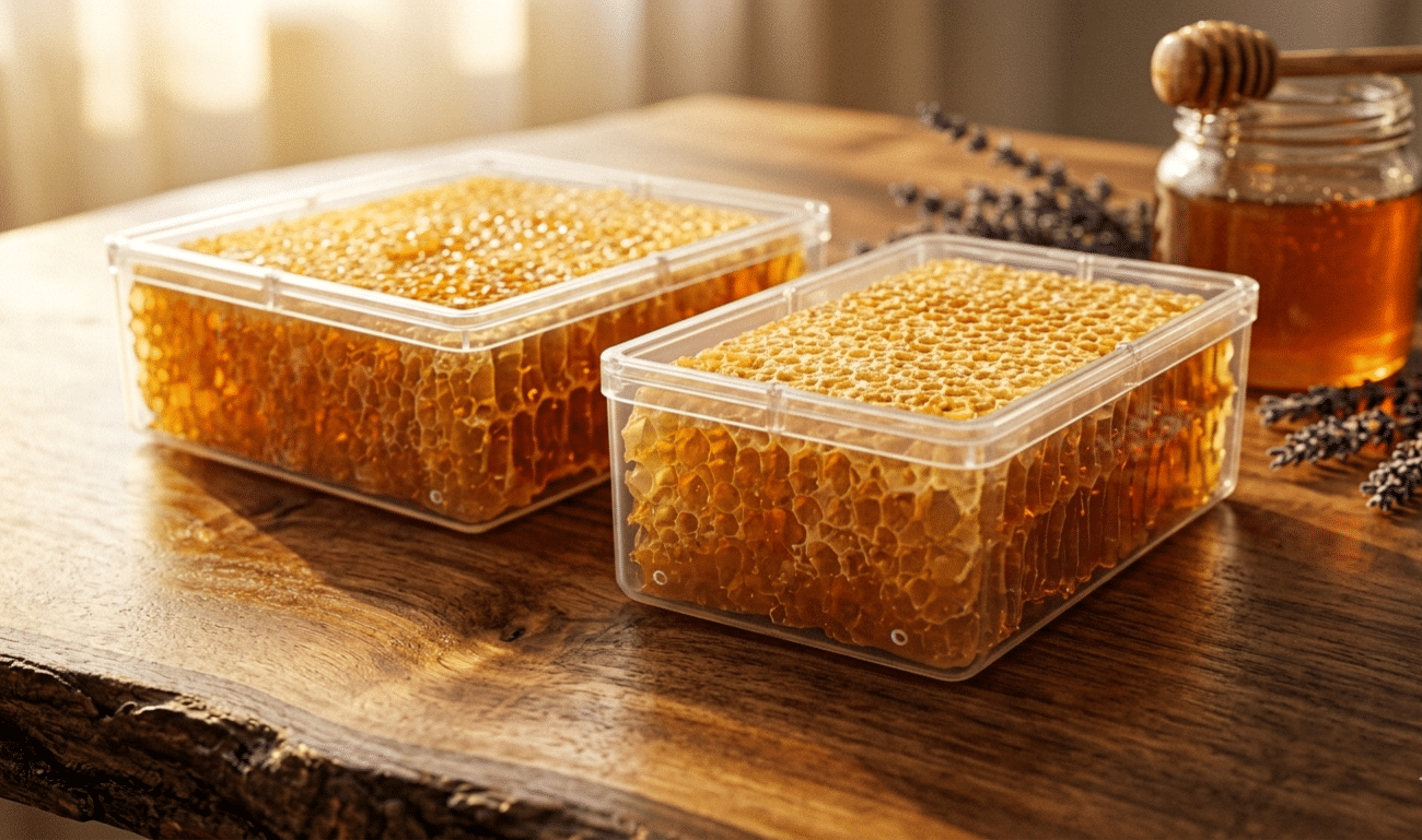 Raw honeycomb in storage containers on a wooden table.