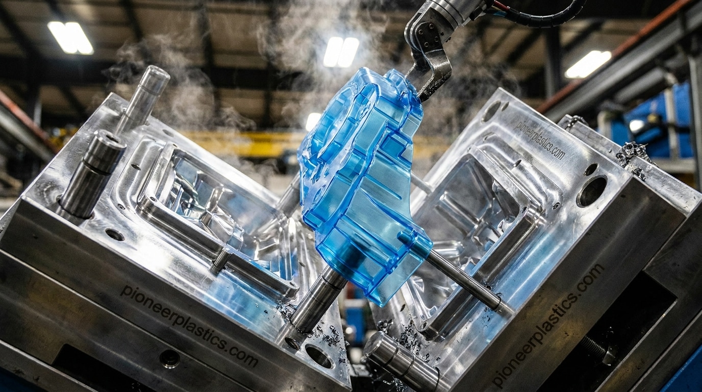 Industrial plastic molding machine with blue component for precision manufacturing.