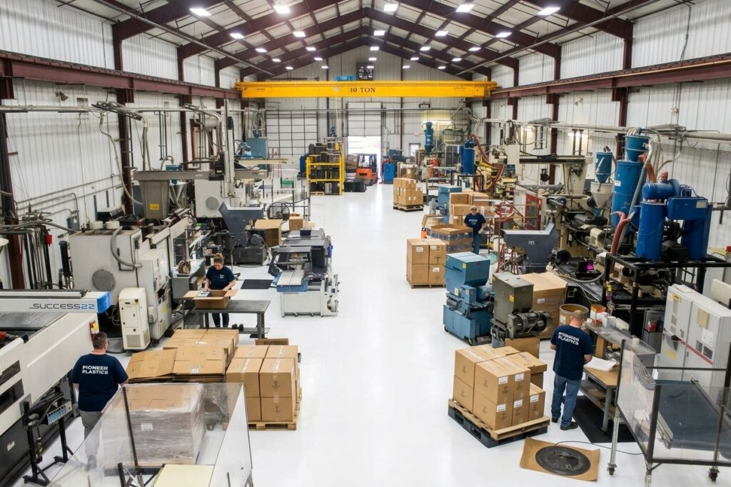 Injection molding factory floor with machinery, equipment, and palletized boxes.