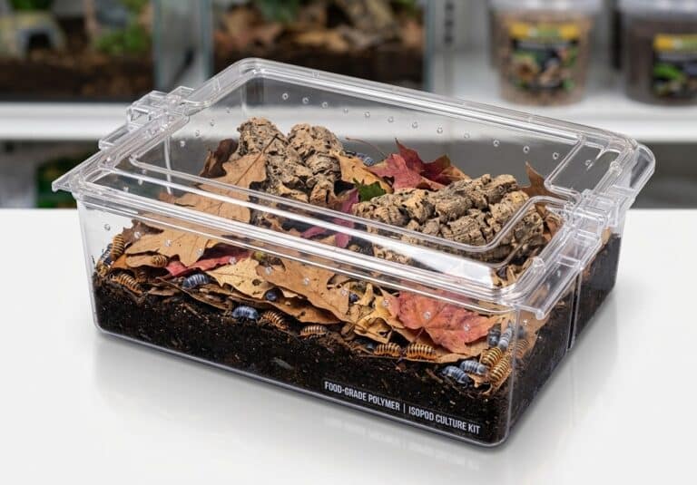 Isopod culture kit in clear terrarium with leaf litter and cork bark.