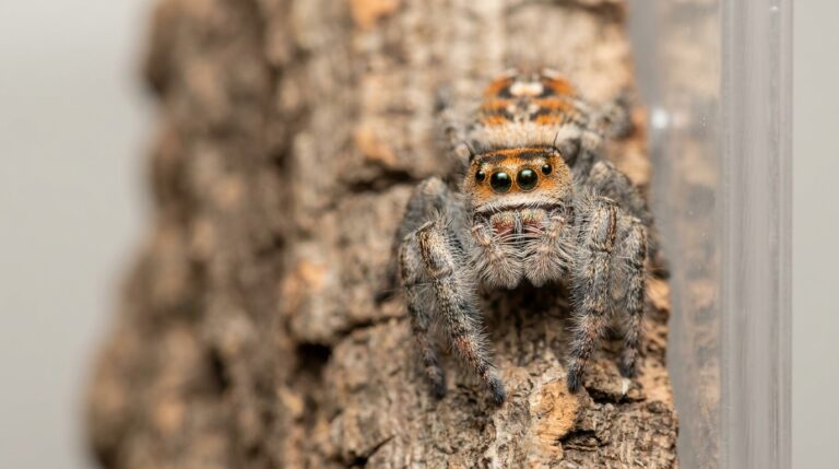 Close-up jumping spider on tree bark.