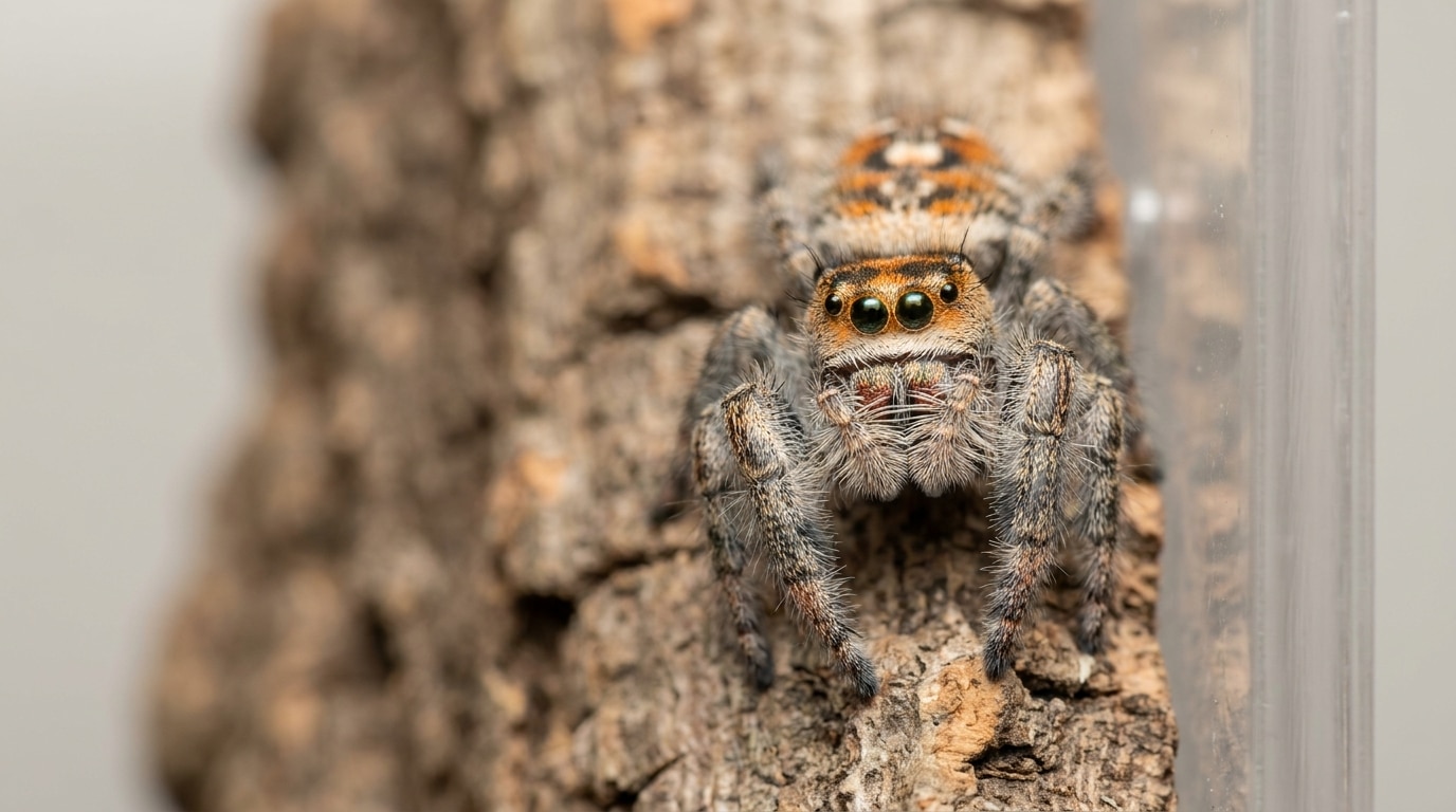 Close-up jumping spider on tree bark.