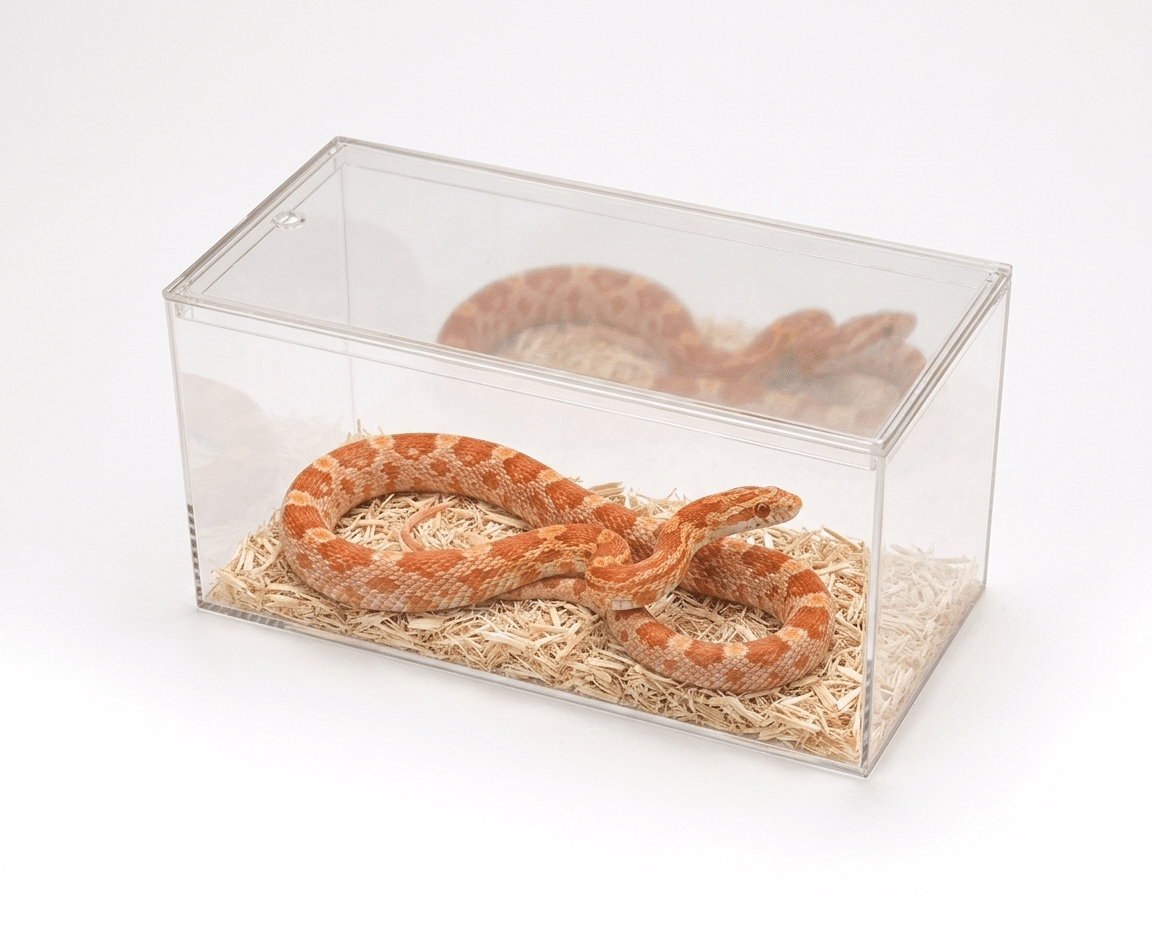 Transparent snake enclosure with orange corn snake.