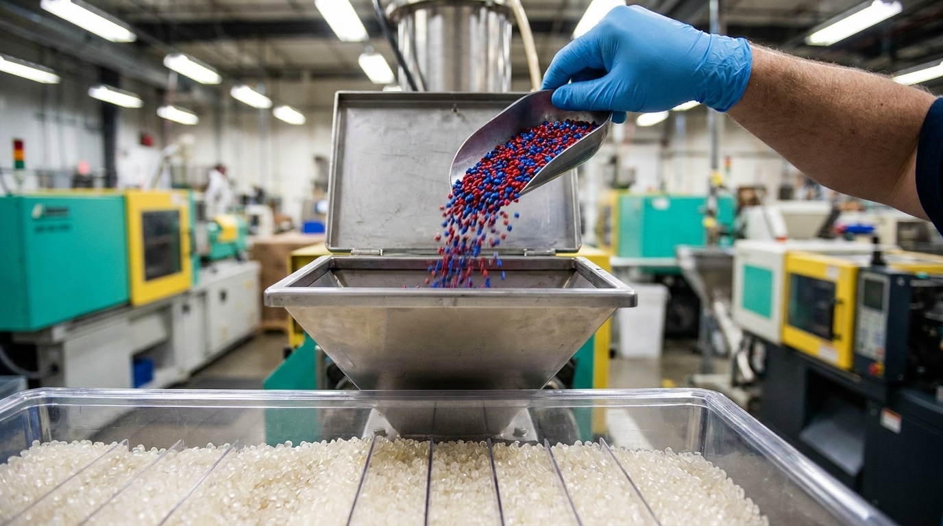 Plastic granules loading machine in an industrial factory.
