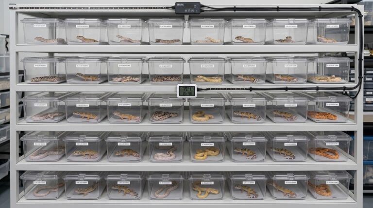 Snake breeding rack with labeled leopard gecko enclosures.