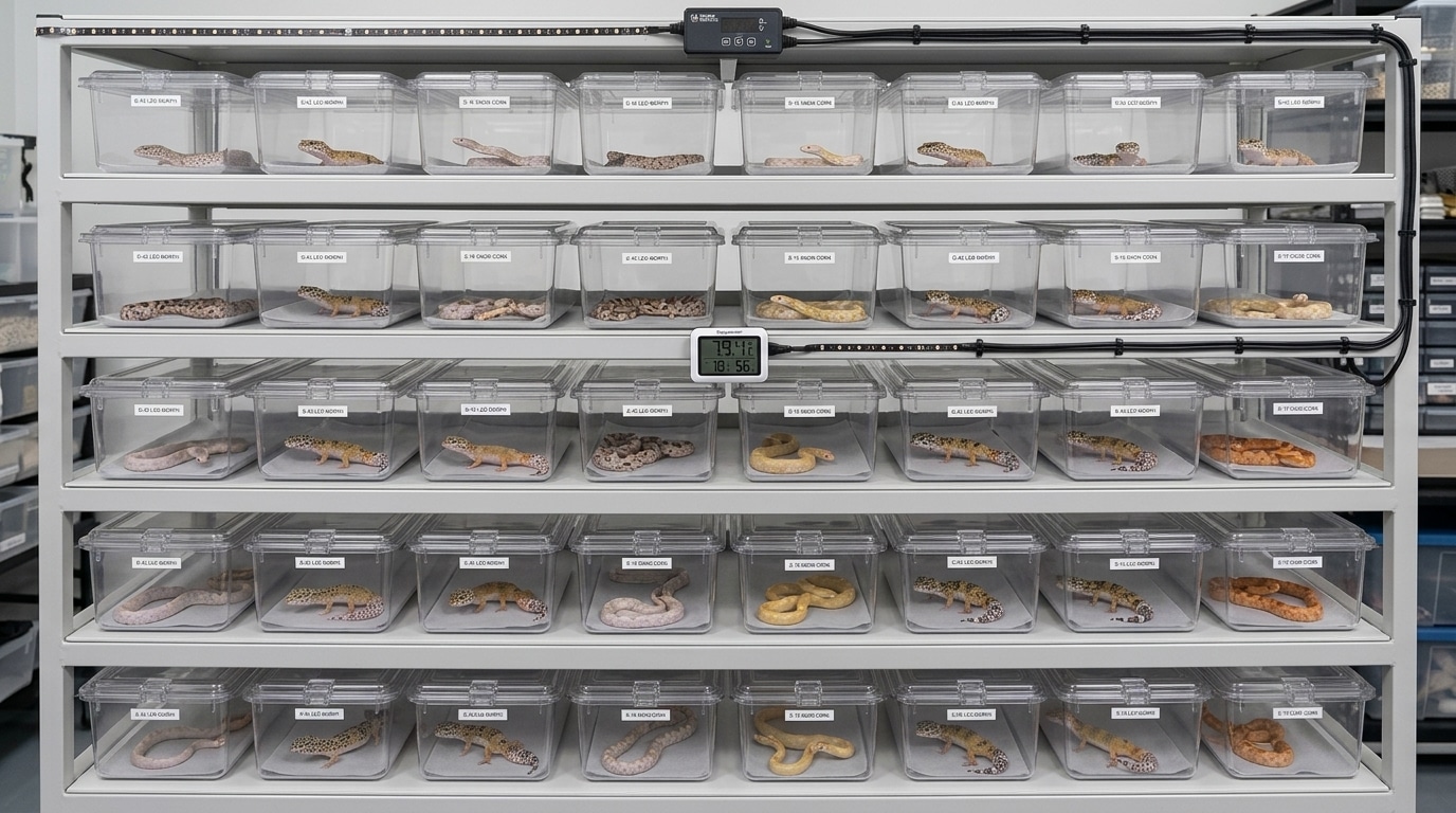 Snake breeding rack with labeled leopard gecko enclosures.