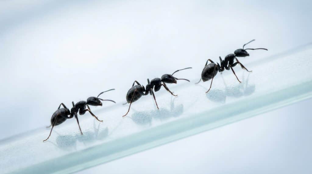 Black ants crawling on glass surface.