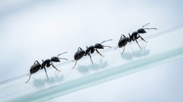 Black ants crawling on glass surface.