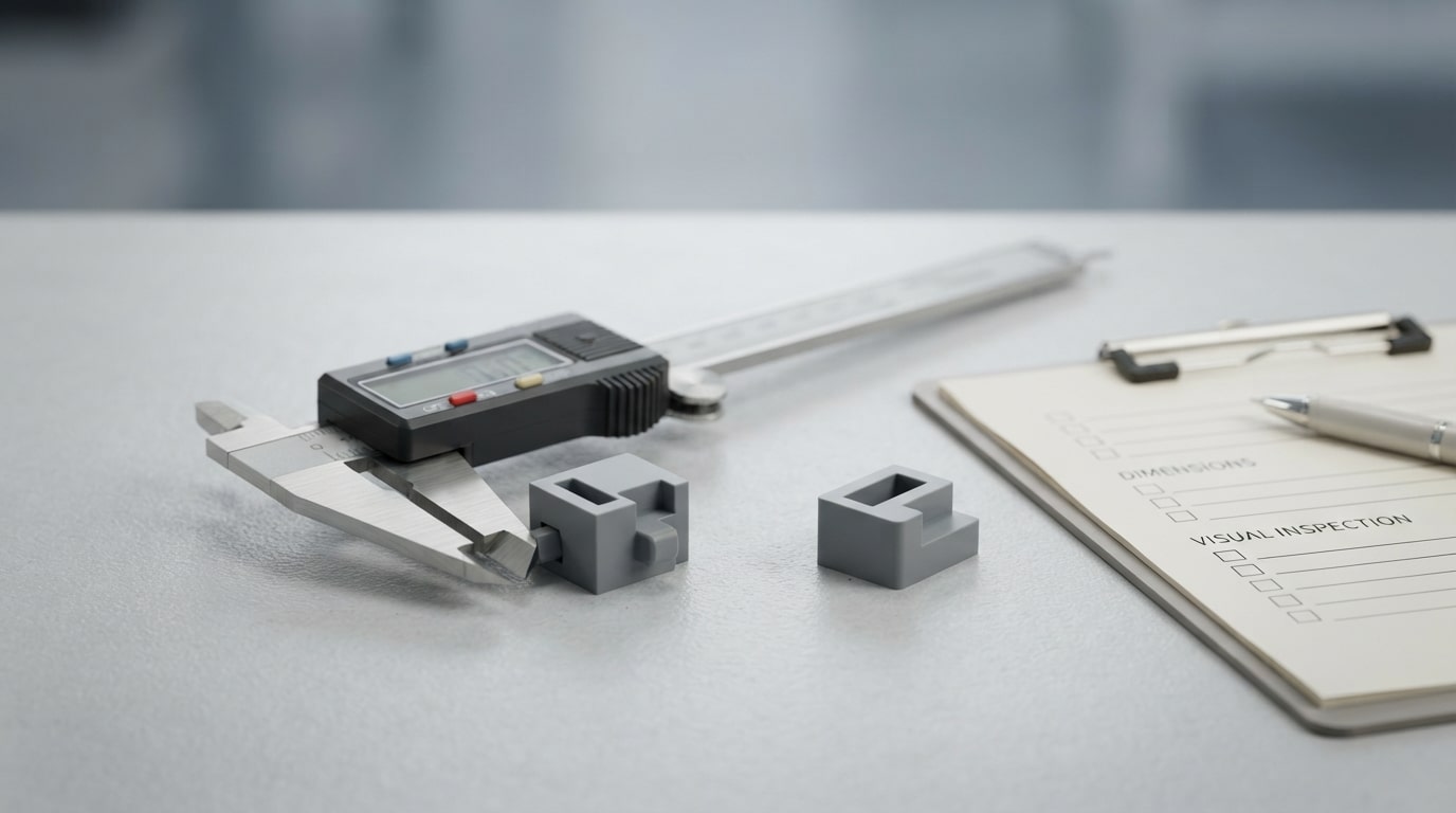 Digital caliper quality check with precision measurement tools.