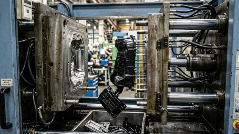 Industrial plastic injection molding machine producing parts.